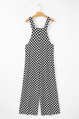Black and White Checkered Print Pockets Casual Jumpsuit
