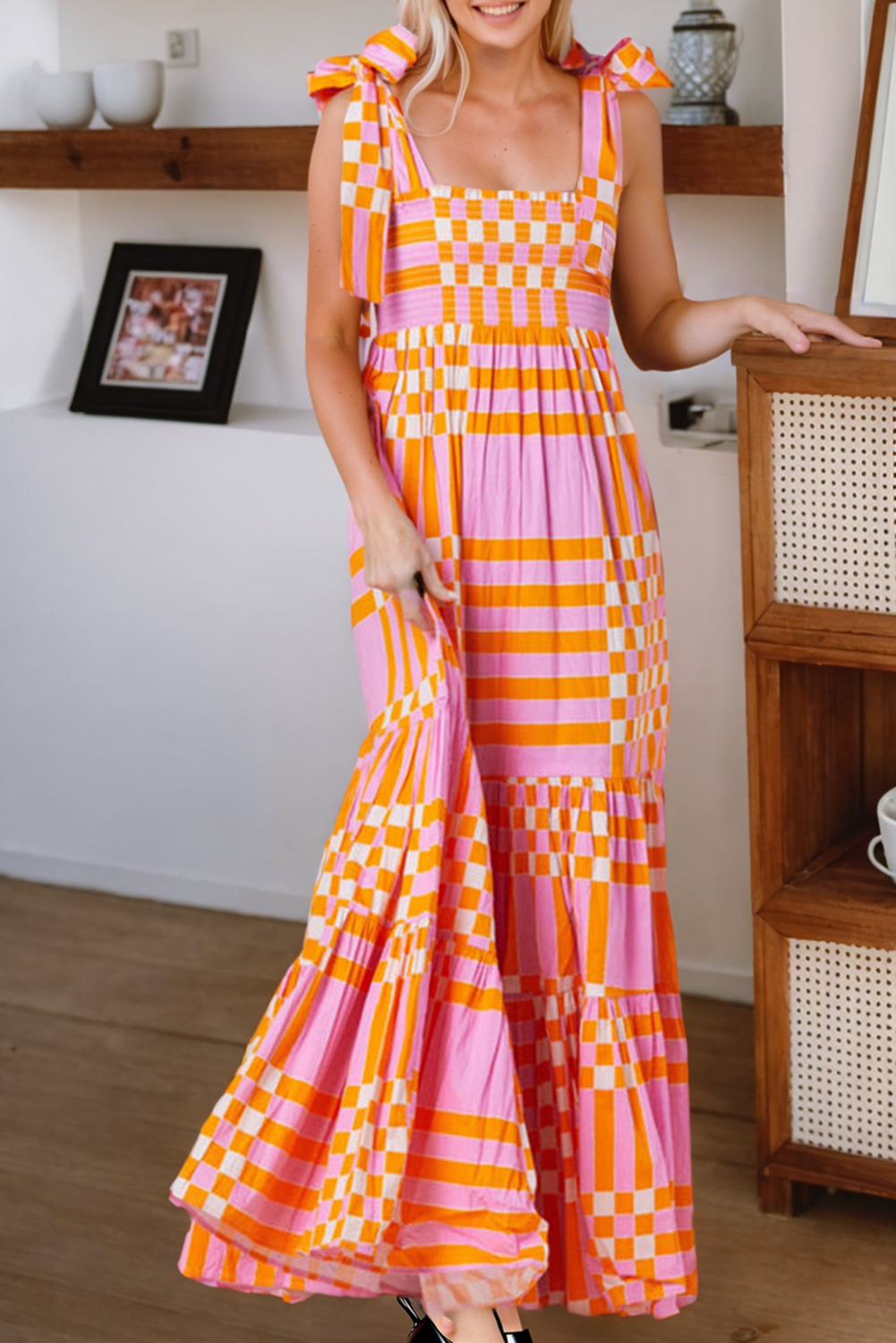 Hot Pink and Orange Boho Plaid Print Tied Straps Smocked Maxi Dress