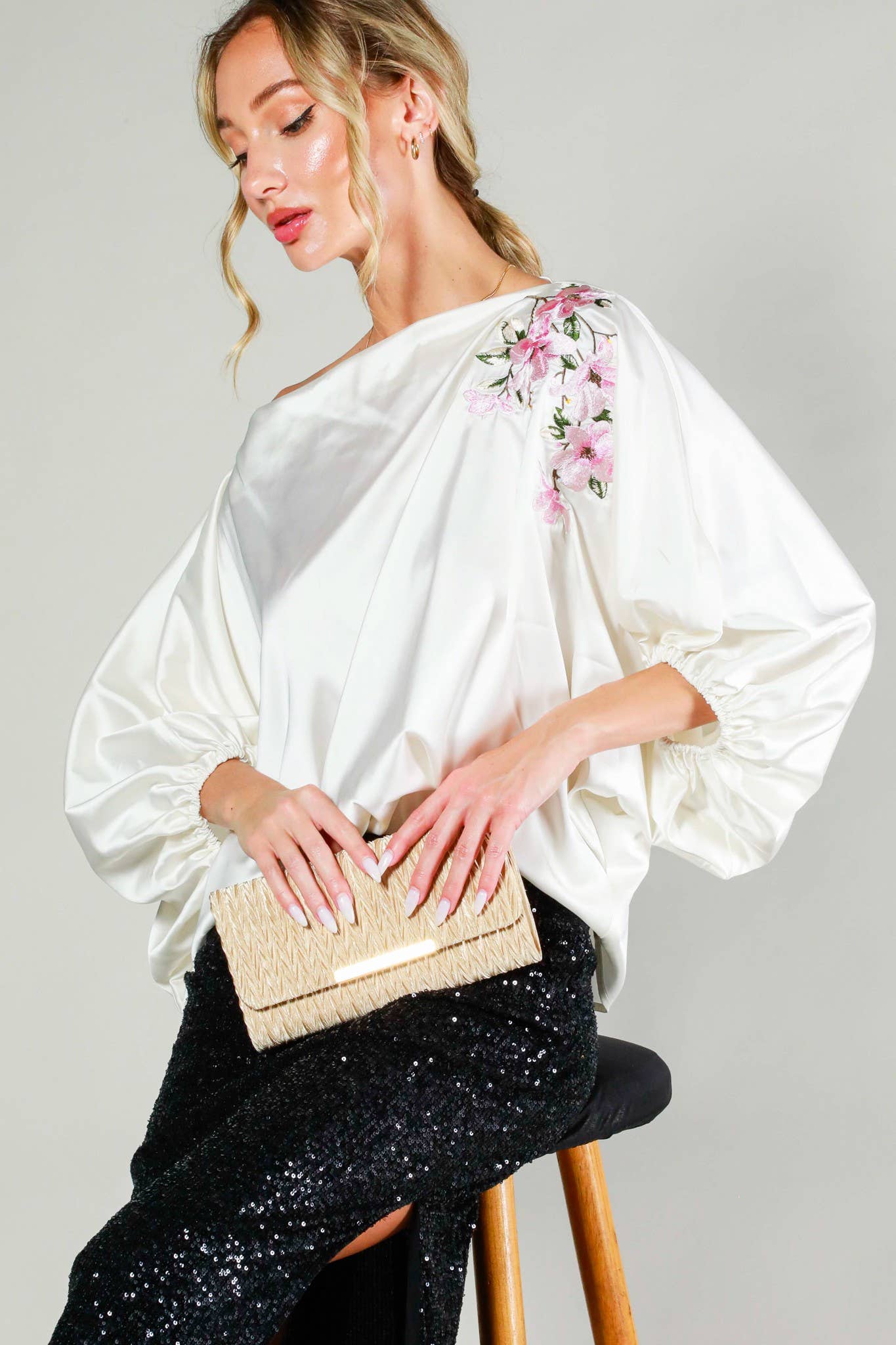 Elegant Champagne Embroidered Boat Neck Blouse