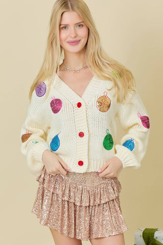 Christmas Sequin Ornament Cardigan: CREAM