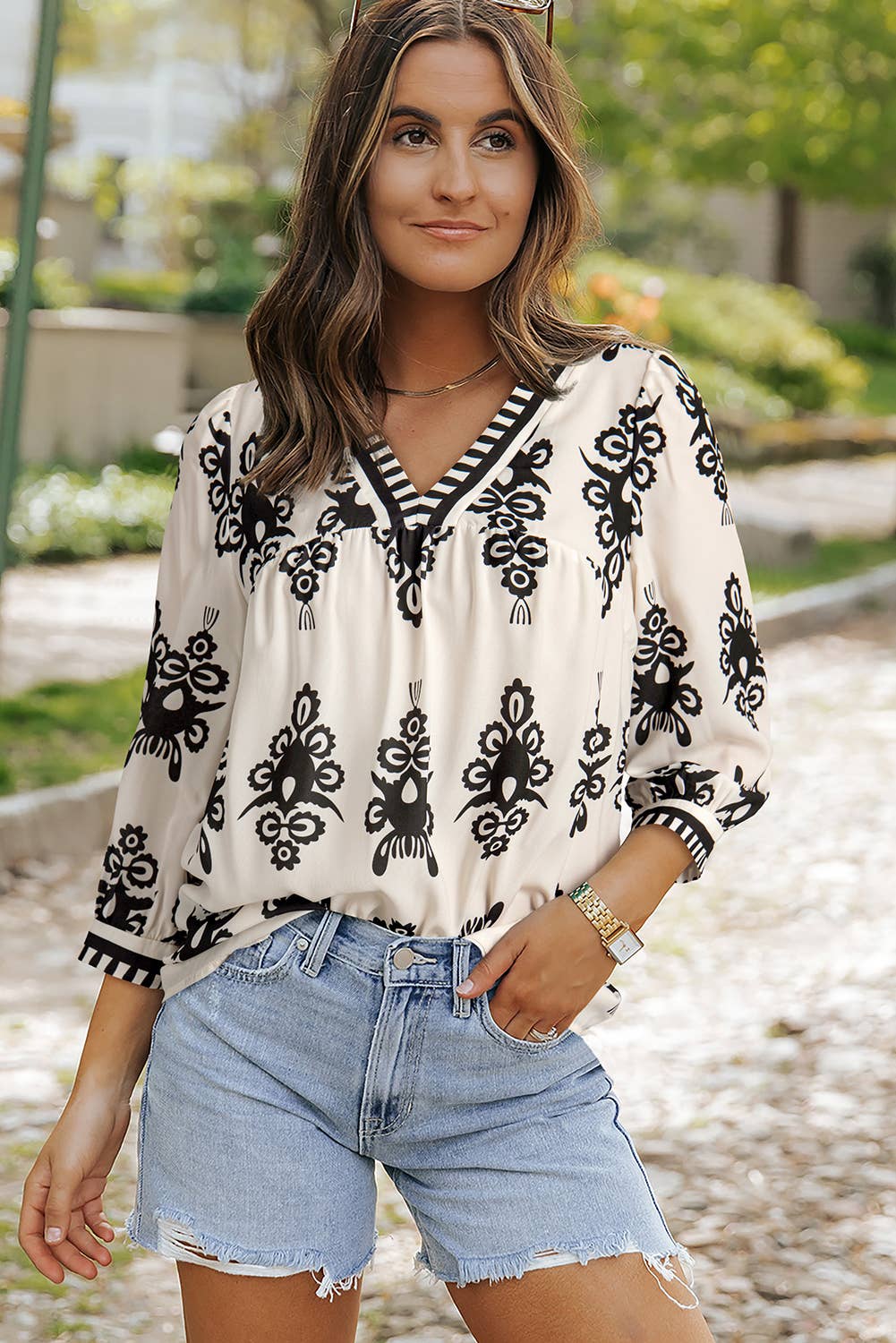 White and Navy Geometric Print 3/4 Sleeve V-Neck Blouse