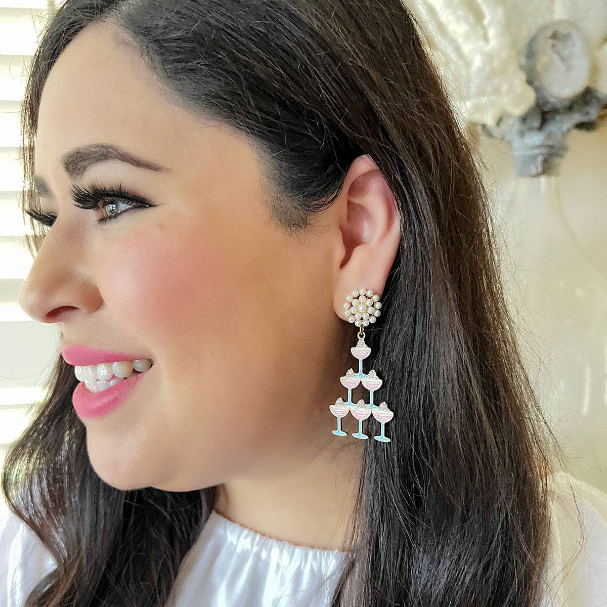Crystal Enamel & Pavé Champagne Tower Earrings in Pink & Blue