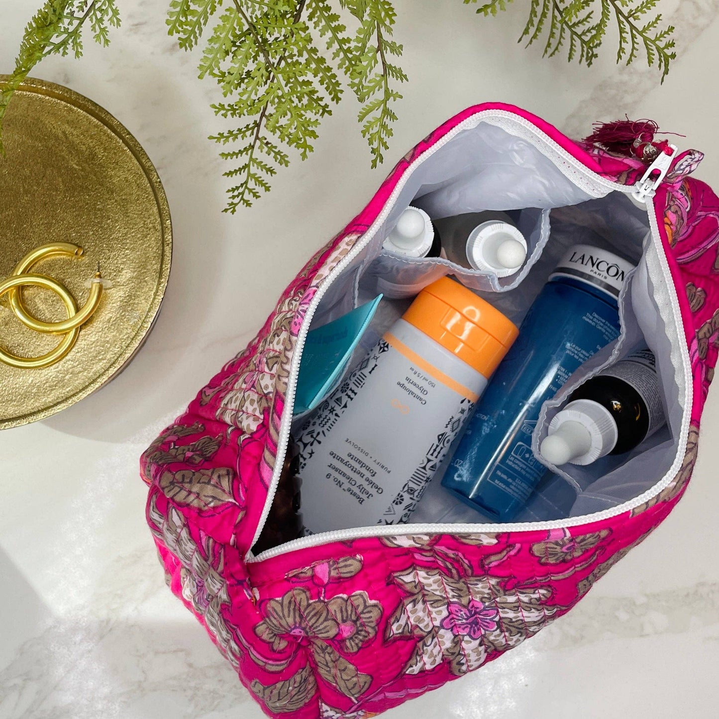 Travel Makeup Toiletry Bag | Quilted Zip-Top | Pink Blossom