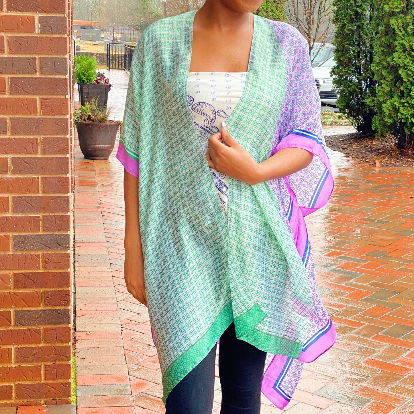 Silky Printed Kimono: Green Lavender