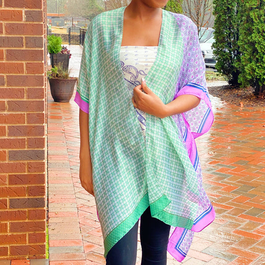 Silky Printed Kimono: Green Lavender