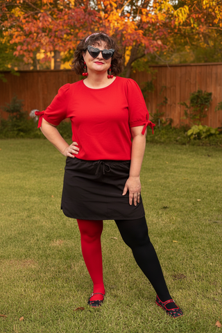 Fall Skort Look — Black Cherry Mary Janes + Mismatched Tights
