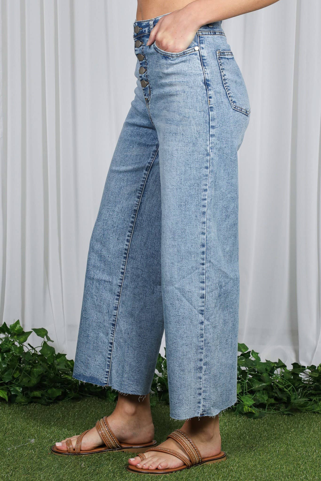 Wide Leg Stretchy Casual Buttoned Washed Denim Jean