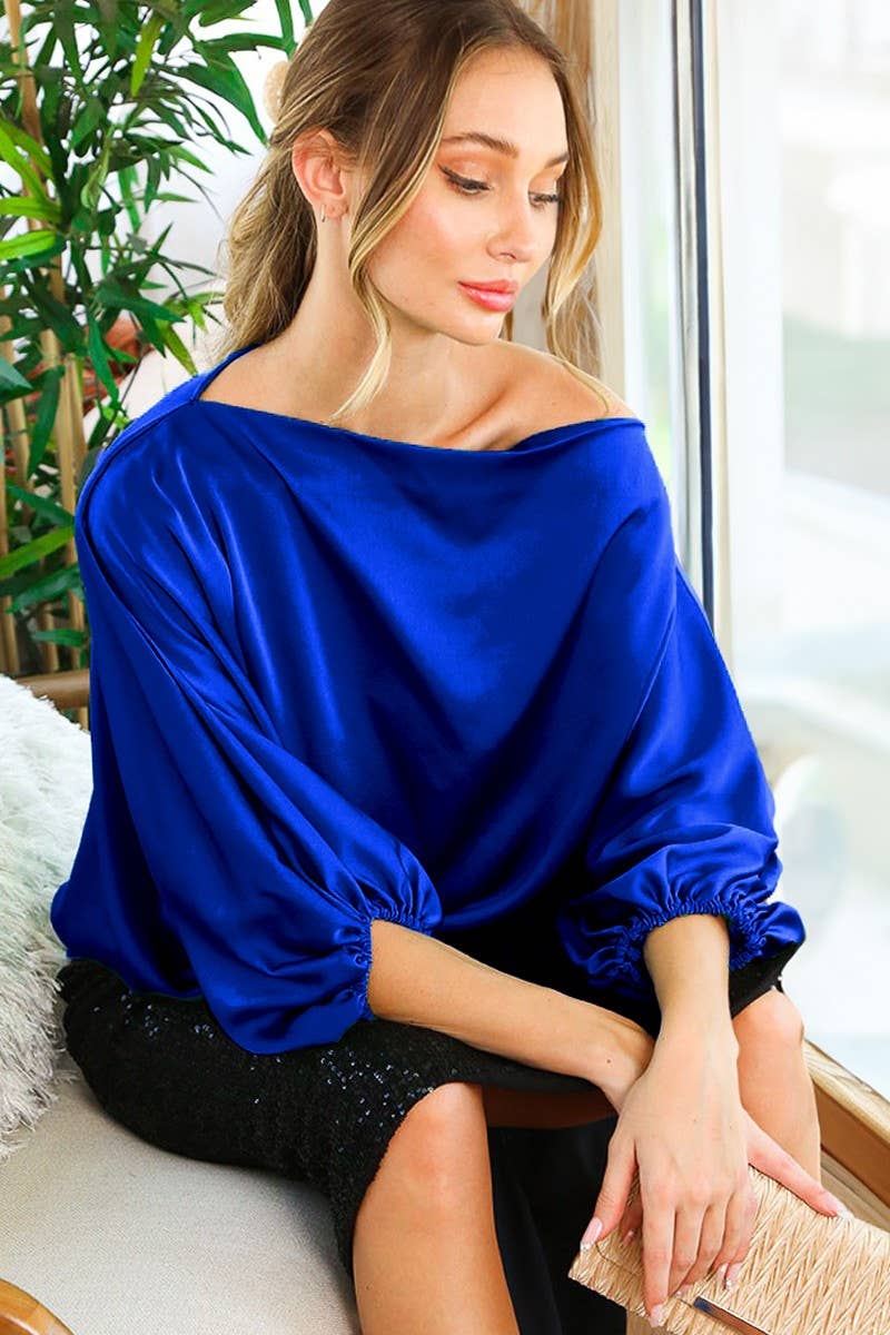Boat Neck Dolman Puff Sleeve Satin Blouse  - Royal Blue