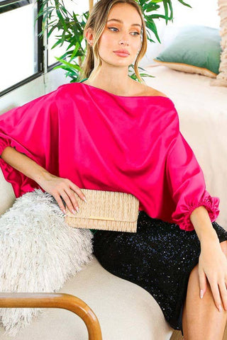 Boat Neck Dolman Puff Sleeve Satin Blouse - Fuchsia