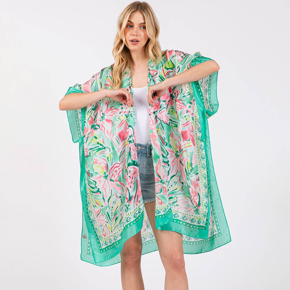 🌸 Flower Print Silky Feel Kimono Poncho – Green