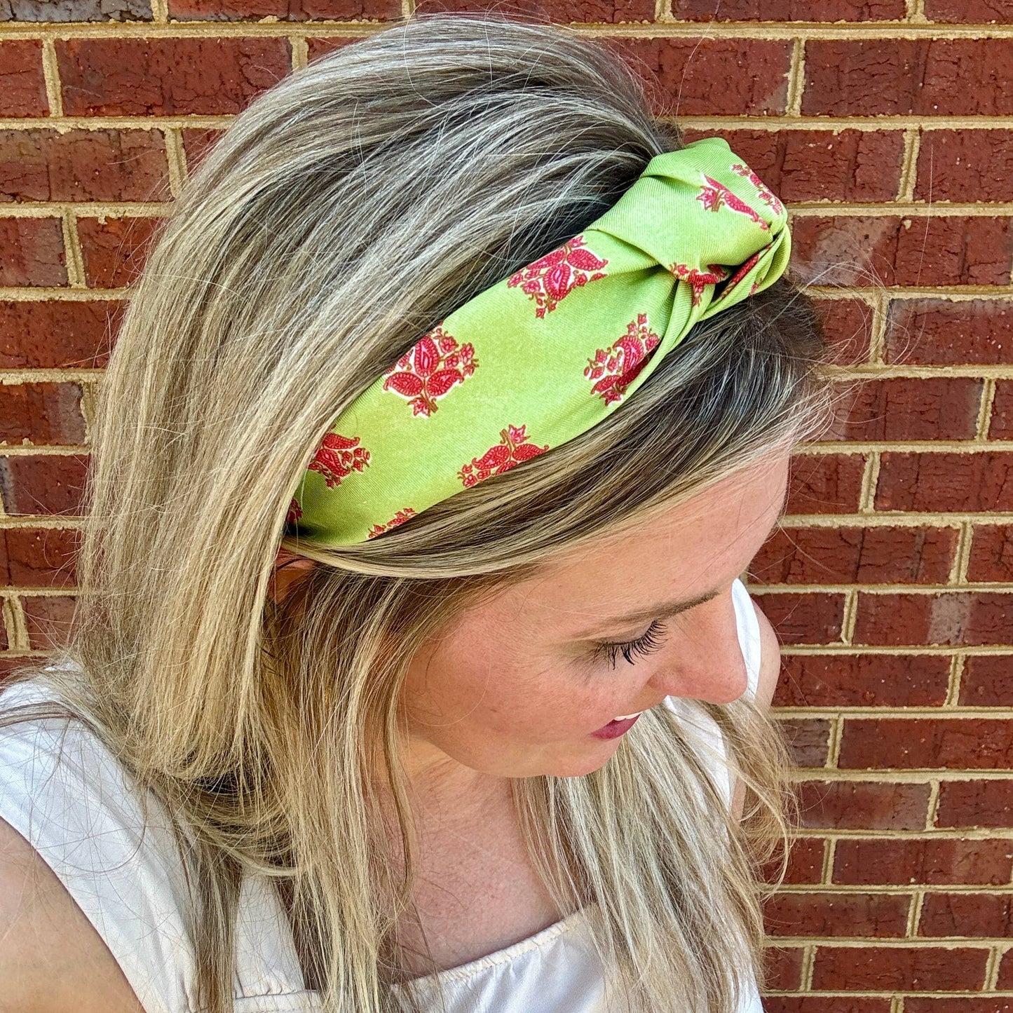 Classic Knot Satin Headband | Green & Pink Block Print Inspired