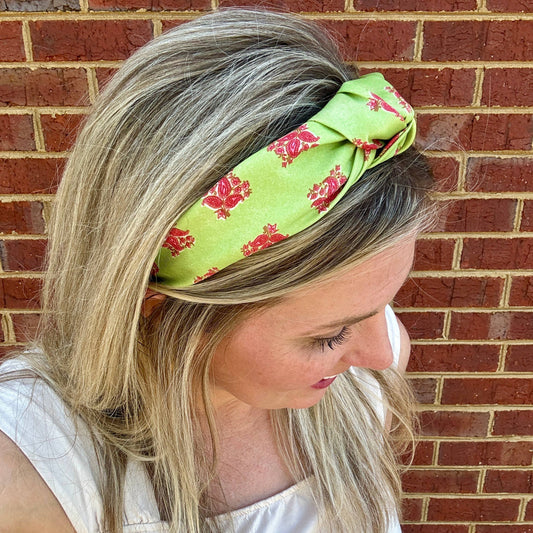 Classic Knot Satin Headband | Green & Pink Block Print Inspired