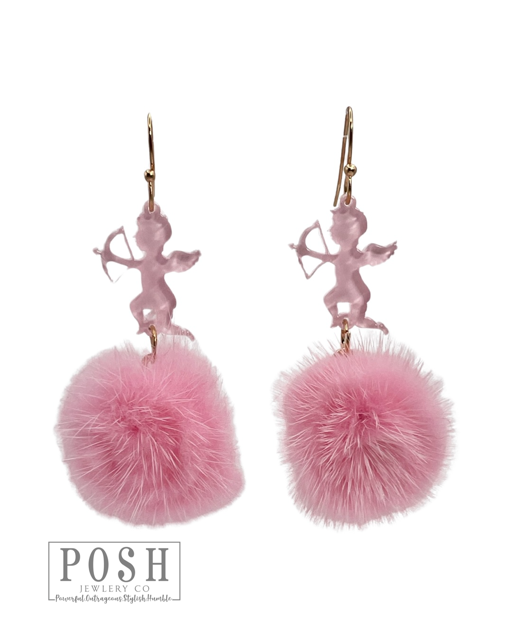 Valentine pink Cupid earring with pink puff ball