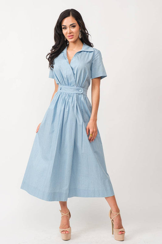Denim Short Sleeve A-Line Midi Dress LIGHT DENIM